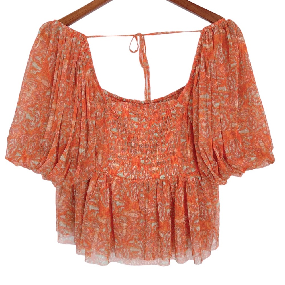 NWOT-Free People Penelope Tee Peach Combo Square Neck Blouse - Picture 2 of 16